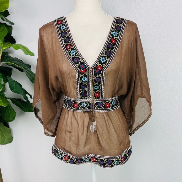 Uno Core Brown Sheer Embroidered Y2K Peplum Top - Picture 1 of 9